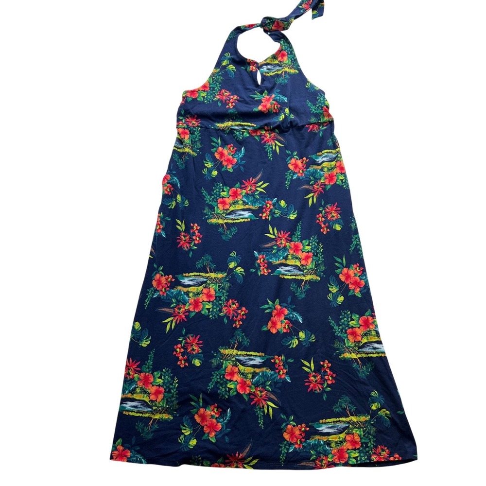 Lands End Halter Maxi Dress Womens M/P Navy Tropical Floral Cotton Modal Stretch